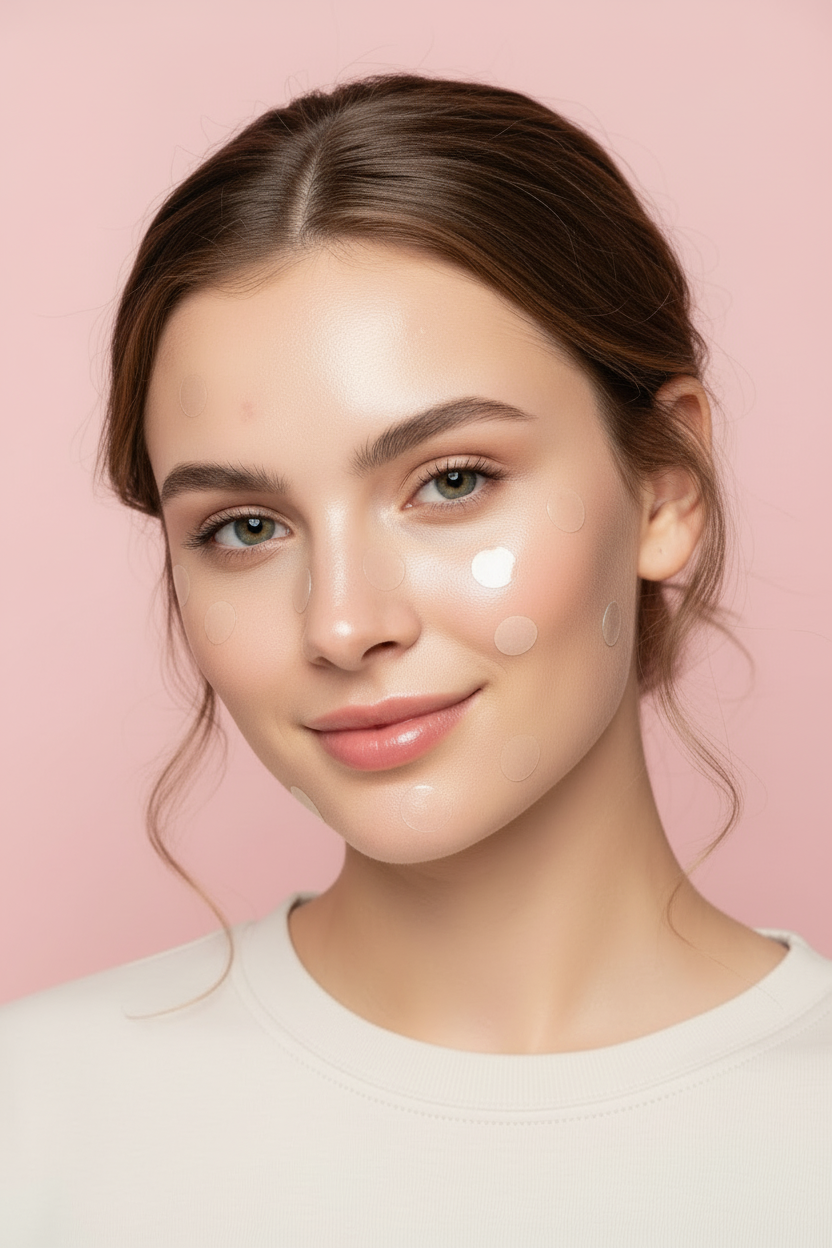 Ragazza con patch cerchietti e sfondo rosa